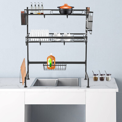24.4'' 2 Tiers Adjustable Dish Drying Rack Large Drainage Over Sink Carbon Steel