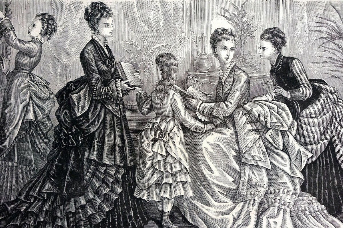 victorian ladies dresses Fashion 1874 MISSES SPRING HOUSE Matted Engraving Print ASTER Off-White Jersey Midi Dress with Cap Sleeves