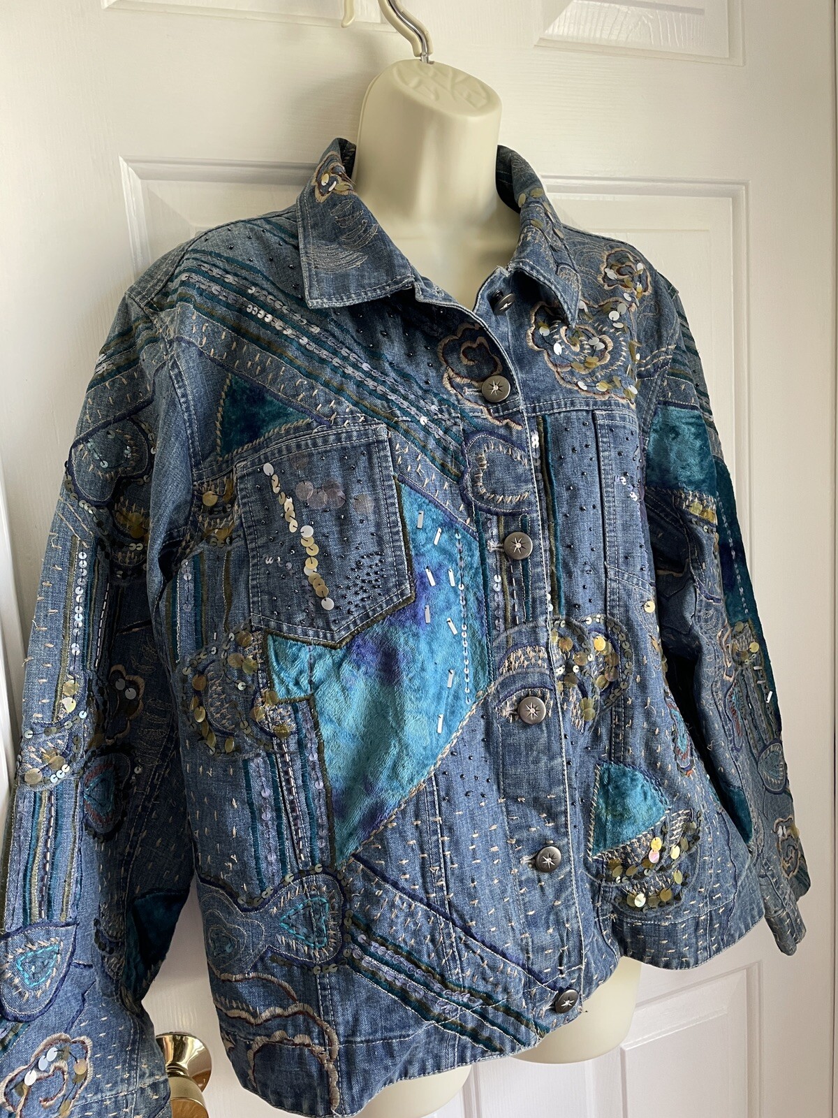 Chico's 2 Denim Jacket Cotton Blue Patchwork Embr… - image 4