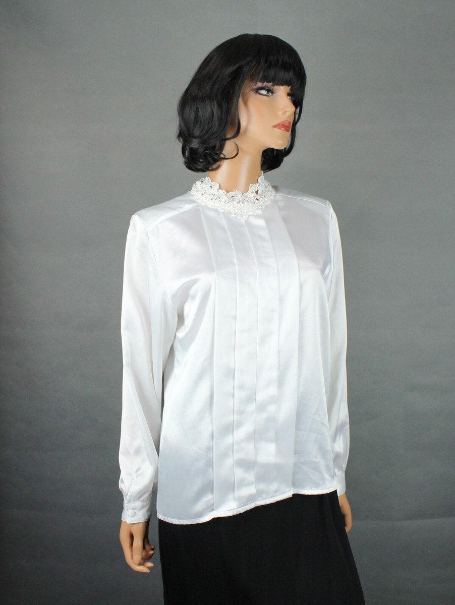 White Satin Blouse Sz 8 M Vintage 80s High Lace Turtleneck