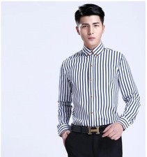 Mens Dress Shirts Clothes Luxury Casual Slim Striped Long Sleeves Cotton Shirts