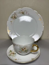 Antique Hand Painted Cherry Blossom Tea Cup Saucer & Dessert Plate Bone China