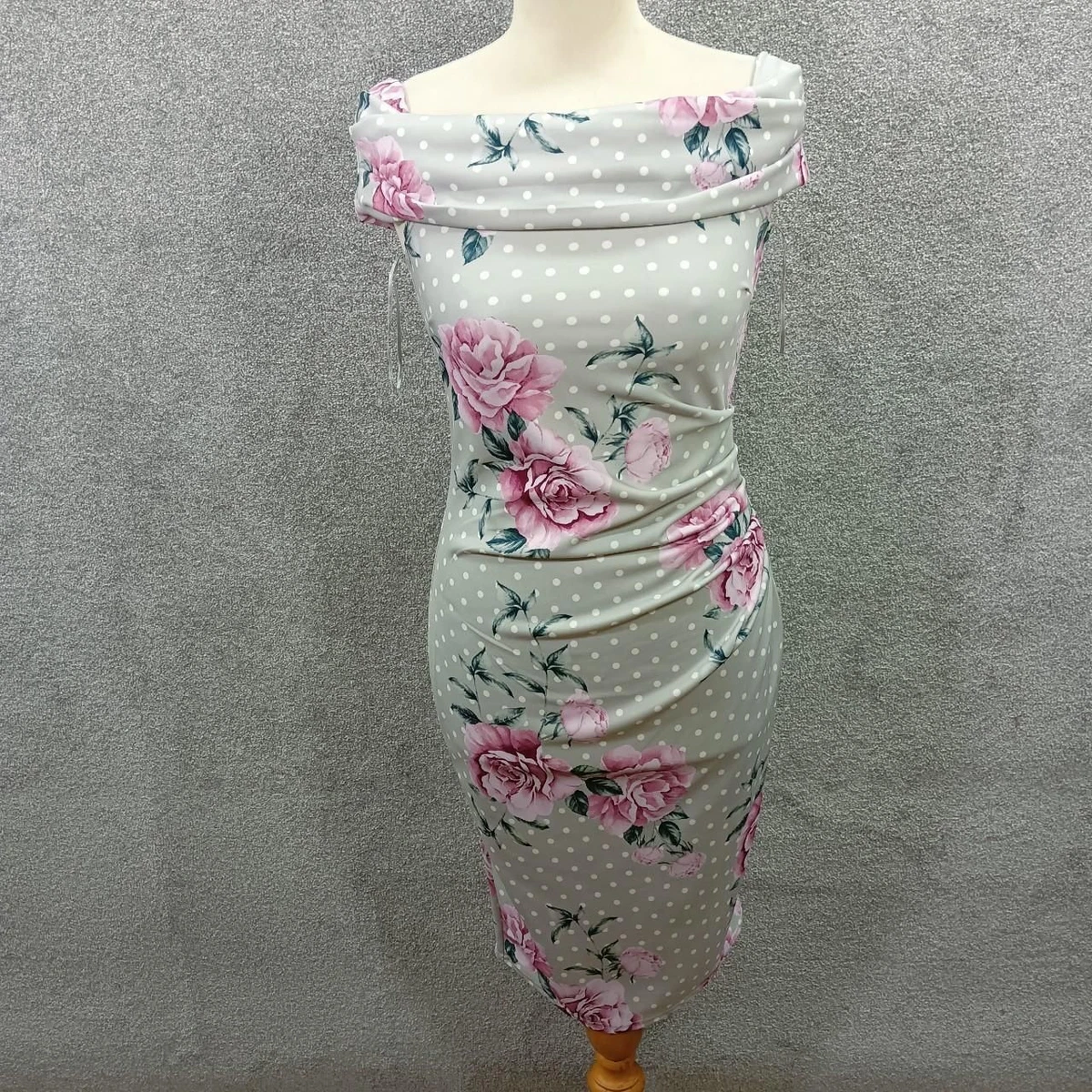 QUIZ GREY FLORAL BARDOT MINI DRESS BODYCON SLEEVELESS POLKADOT