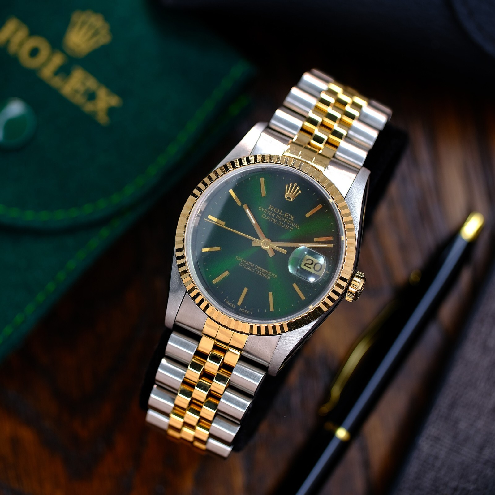 ROLEX MENS DATEJUST GOLD &amp; GREEN INDEX DIAL FLUTED 36MM WATCH | eBay