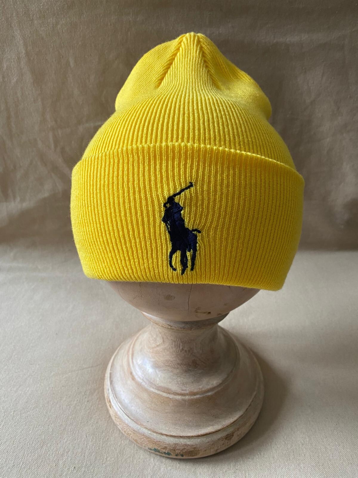 Polo Ralph Lauren BIG PONY Cappello Berretto in Maglia con Polsini Giallo Taglia Unica