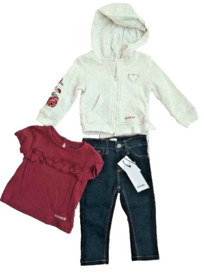 HUDSON KIDS 3-Piece Baby Girl Set Hoodie Ruffle Tee & Blue Jeans 12 Months