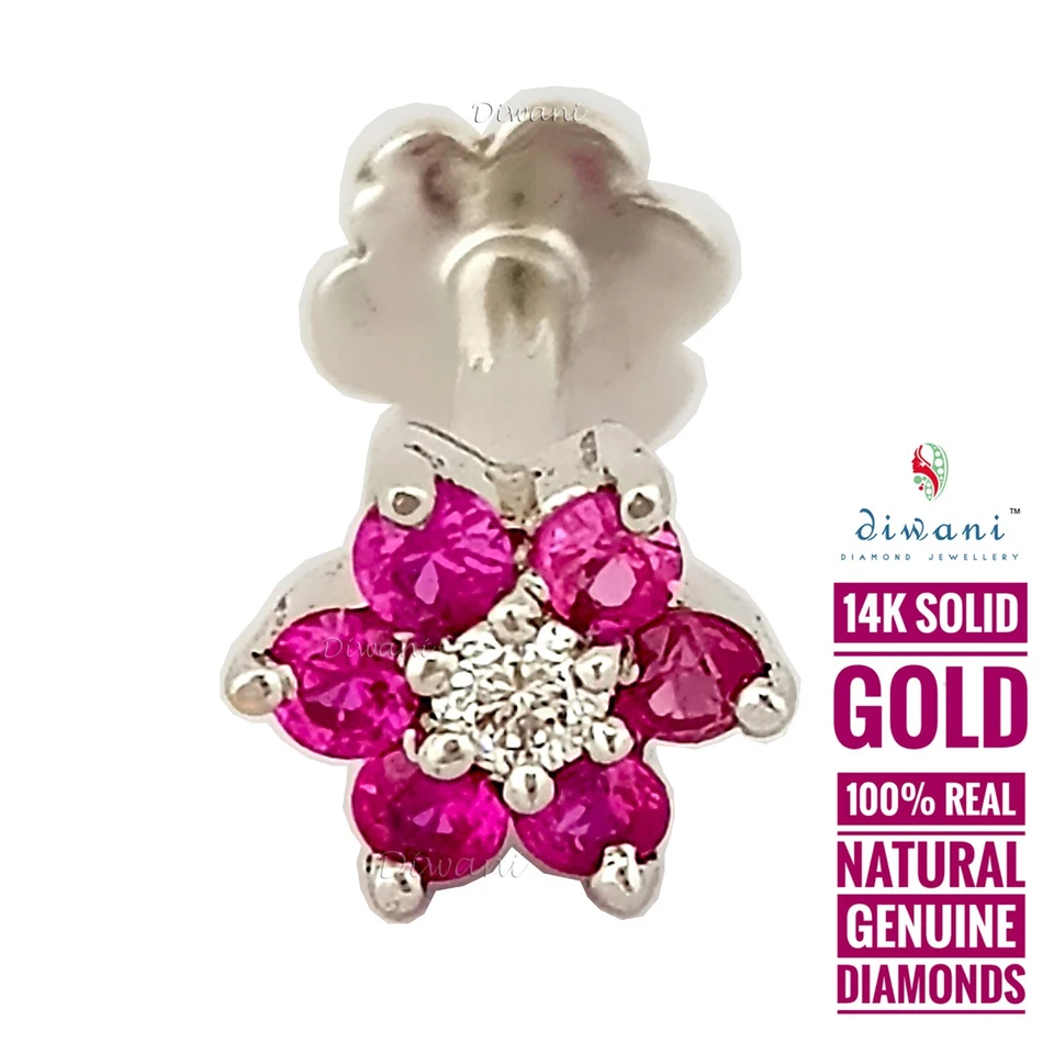 Tornillo perno perno perno labret labio nariz flor diamante natural 1 y 6 piedras preciosas Foto 2 de 4