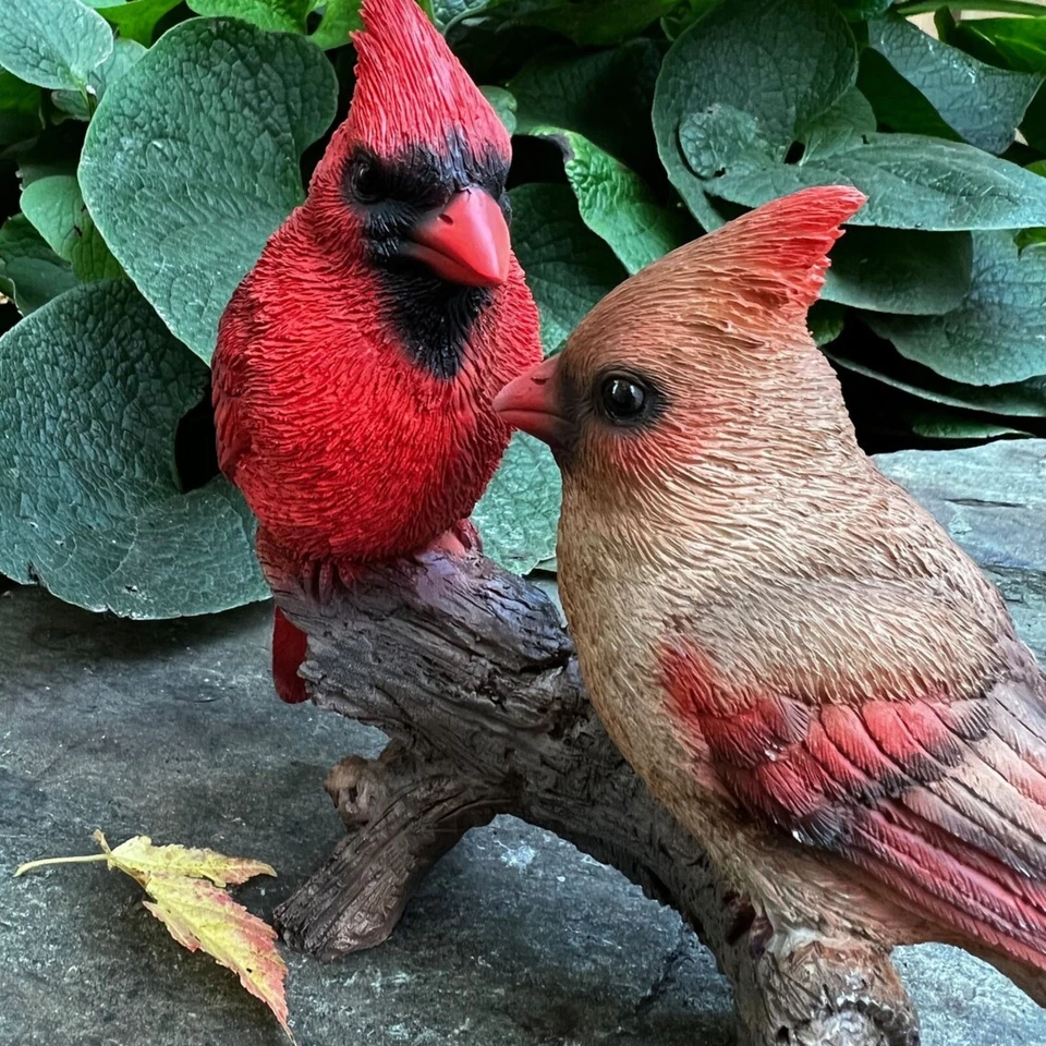 Estatuilla realista cardenal pareja en tocón de árbol jardín arte decoración Foto 3 de 4