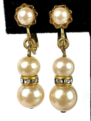 Miriam Haskell Elegant Vintage Faux Pearl & Rhinestone Hanging Dangle Earrings