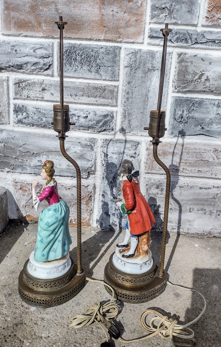 Antique Vtg Pair French Colonial Man Woman Figural Porcelain Brass