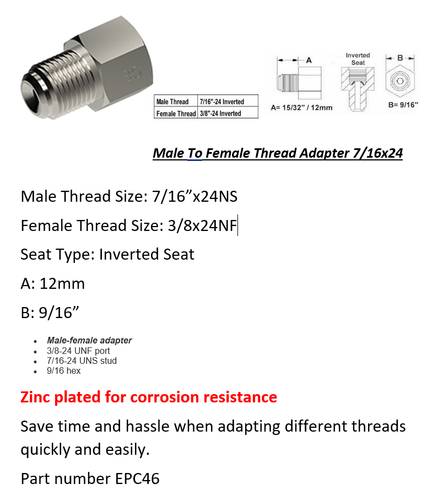 Brake Line Adapter – 7/16 X 24 Male To 3/8 X 24 Female For 3/16 Line