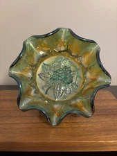 Imperial Green Carnival Ruffled Edge Glass Bowl Grape Pattern