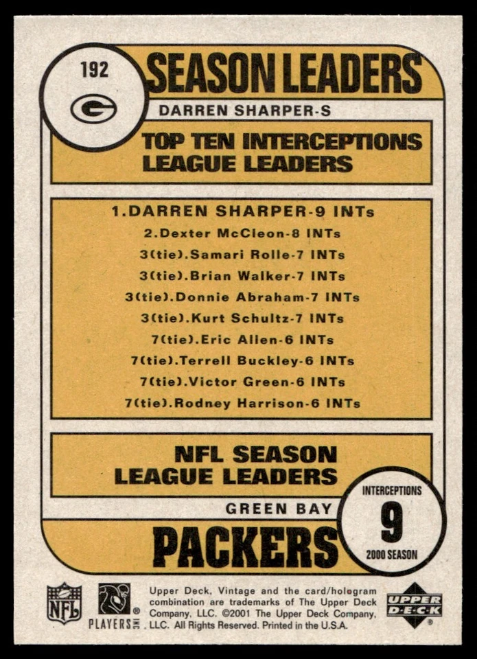 2001 Upper Deck Vintage Darren Sharper Green Bay Packers #192 - Image 2 of 2