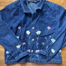 Vintage Dark Wash Denim Jacket Embroidered Flowers XL 100 cotton
