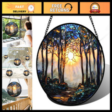 Forest Sunrise Stained Glass Suncatcher - Blue Brown Tree Window Decor 6.3" Gift