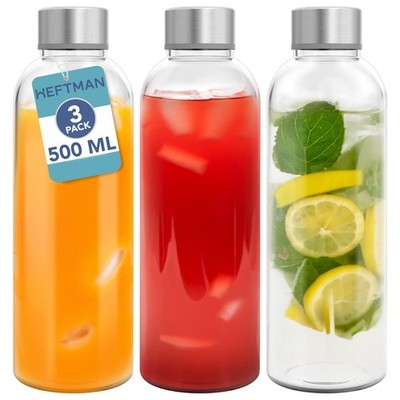 3er Pack HEFTMAN Klarglasflaschen mit Deckel Mehrweg Aufbewahrung Säfte 500 ml