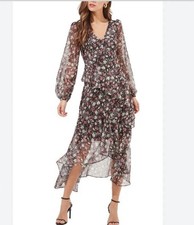 ASTR The Label XS Black Floral Gold Foil Ruffle Midi Dress Sheer Puff Sleeves