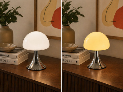 Retro Bauhaus Mushroom Table Lamp Chrome Base White/Beige Glass LED/MCM Style