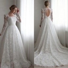 Modest Long Sleeves Full Lace Wedding Dress Square Neck Sweep Train Bridal Gowns