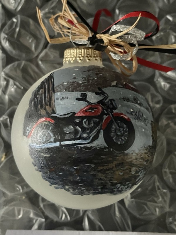 2002 Hand Painted Custom Motorcycle Christmas Ornament Frosted Kitras Art Glass
