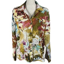 Chico s SZ 2 Large Jacket Button-Up Linen Collared Long Sleeve Floral Pockets