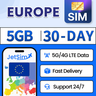 JetSim Europe SIM Card (30 Days), 4GB 5G/4G LTE High-Speed Data Travel SIM Card