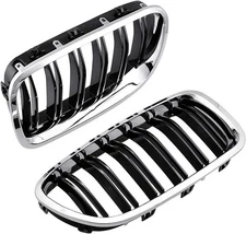 Trim Glossy Black Chrome Dual Slats Front Kidney Grille Grill Compatible