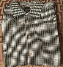 Arrow Men  s Long Sleeve Button-Down Shirt White Blue Green Plaid Size 18  34/35