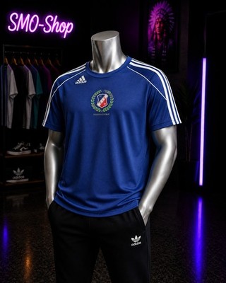 adidas Herren Fußball Trikot Blau ClimaLite Kurzarm 3 Streifen Vereinslogo