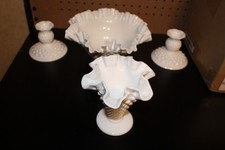 Vase Candle Stick Dish Fenton Glass Milk Hobnail White Milk Glass Dish Lot of 4