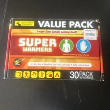 HOT HANDS HAND WARMERS SUPER WARMERS VALUE PACK 30 COUNT. BOX HAS SHELF-WEAR.
