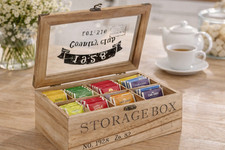 6 Compartment Wooden Tea Box Storage Organiser with Glass Lid & Clasp Lock