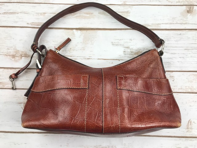 Vintage Fossil Black Pebbled Leather Handbag Crossbody Purse Vtg Fossil Brown Croc Embossed Leather Hand Shoulder Bag Purse 75082 Key Fob