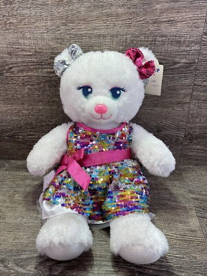 Build A Bear Pearly Shimmer Silver White Plush Pink Dress/Sequined Bows  w/Tag | eBay