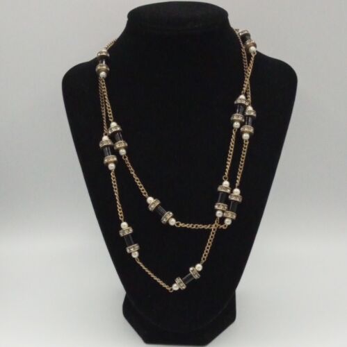 J. Crew Gold Tone Black Enamel Rhinestone Rondelle & Faux Pearl Beaded Necklace - Picture 2 of 11