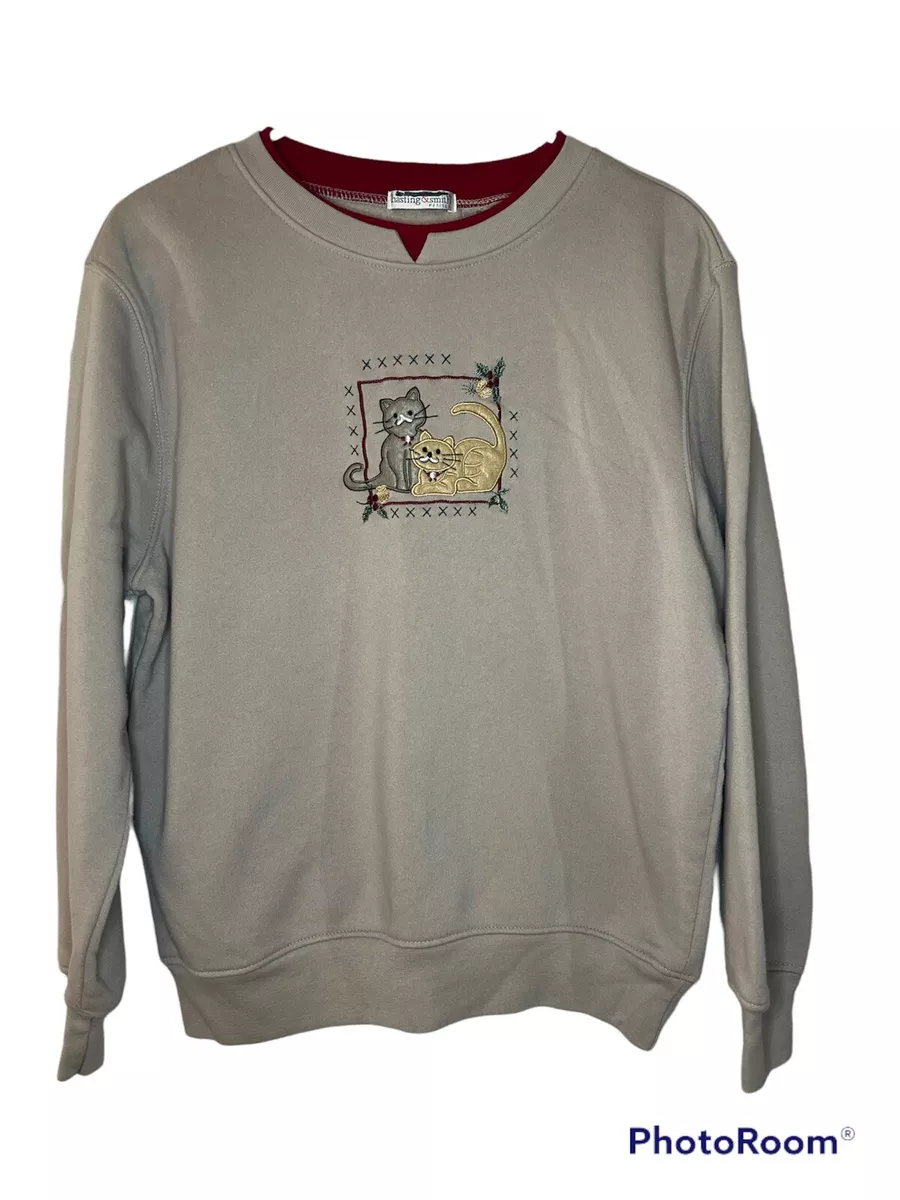 Vintage 90s Grandma Grammy Core Crew Sweatshirt Holiday Cat Kitten Embroidered