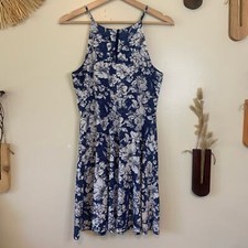 Blue Floral Halter Dress Size Medium Fit  Flare