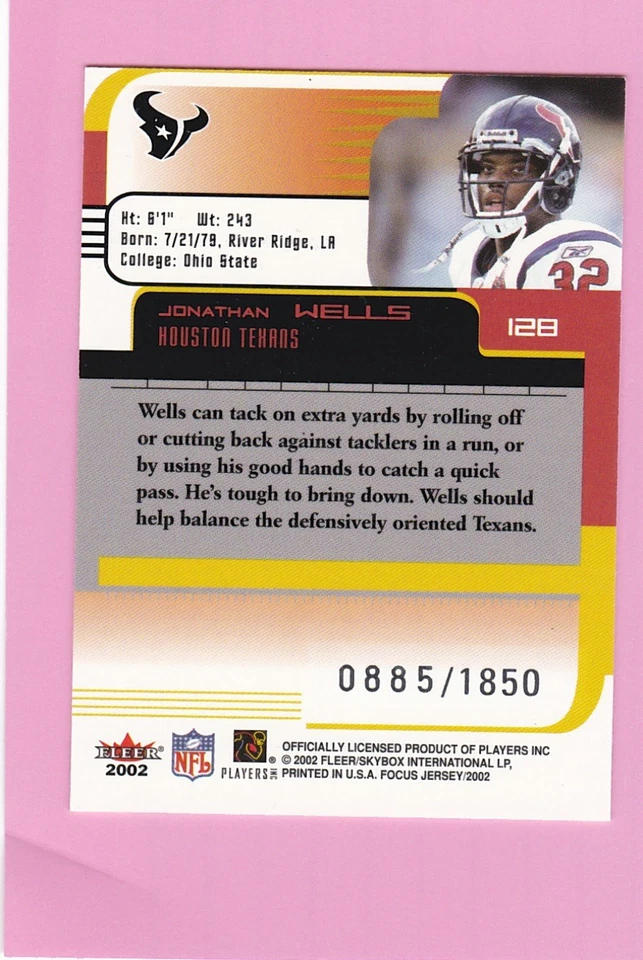 2002 FLEER FOCUS #128 JONATHAN WELLS RC #0885/1850 (Texans) - Image 2 of 2