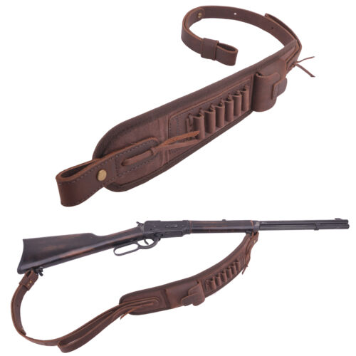 Leather Rifle Sling Gun Shoulder Slots Padded Strap 12GA .45-70 .22LR .38 .30/30 - Picture 1 of 47