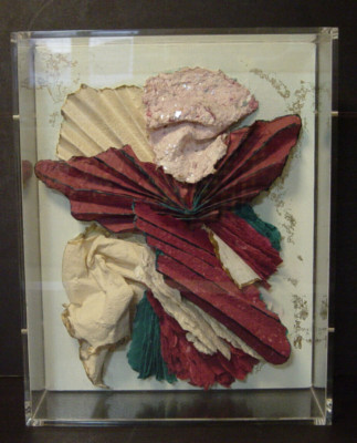 Original Signed Linda Hanson Art Collage 3D Framed Shadow Box Red Pink Gold Vtg