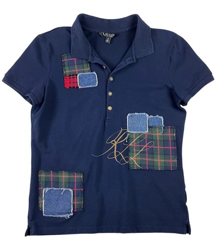 LAUREN Ralph Lauren Patchwork Piqué Polo Shirt Women's Size XS Navy Top