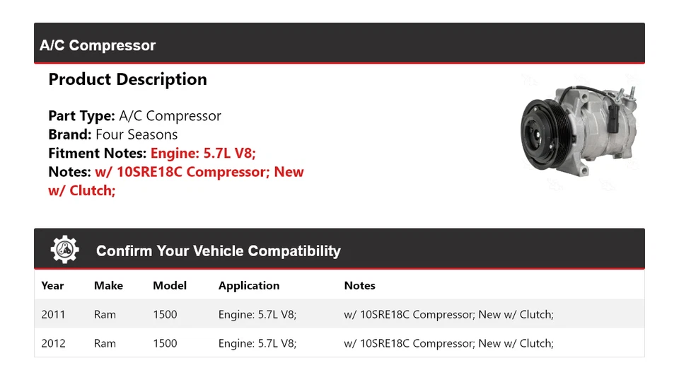 Compresor de aire acondicionado para Ram 1500 2011-2012 5,7 L V8 4 estaciones Foto 2 de 4