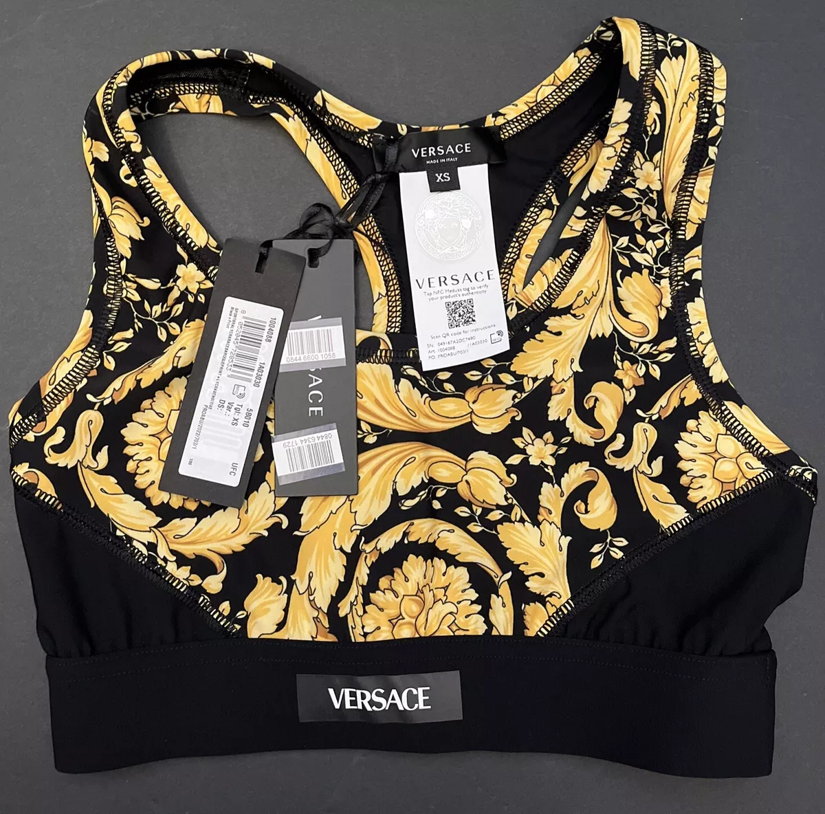 Versace Logo Barocco Baroque Print Sports Bra Black Yellow/Gold NWT $425  Size XS