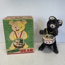 Vtg Large ALPS 1950s Wind Up Mechanical Drummer Bear In Original Box 8  