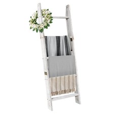 5-Tier Wooden Blanket Ladder Rack for Living Room, Wall-Leaning Quilt Holder, Fa