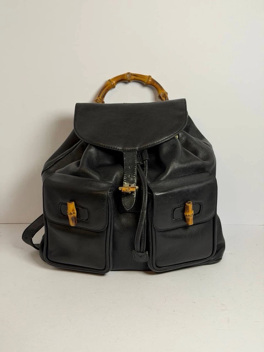 GUCCI Logo Bamboo Drawstring Backpack Bag Leather Black GHW Italy Gucci Bamboo Backpack Bags & Handbags for Women for sale | eBay main image 3