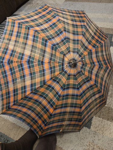 Vintage Child Size Plaid Cloth Umbrella 1950s Missing Wooden Handle 18.5 In