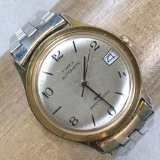 Vintage Timex Viscount Men Fashion Date Silver Tone Automatic 40mm Watch 6 1/4"