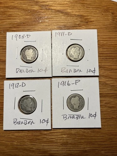 Lot of 4 US Barber Dimes, Yrs 1908D, 1911D, 1912D, 1916P