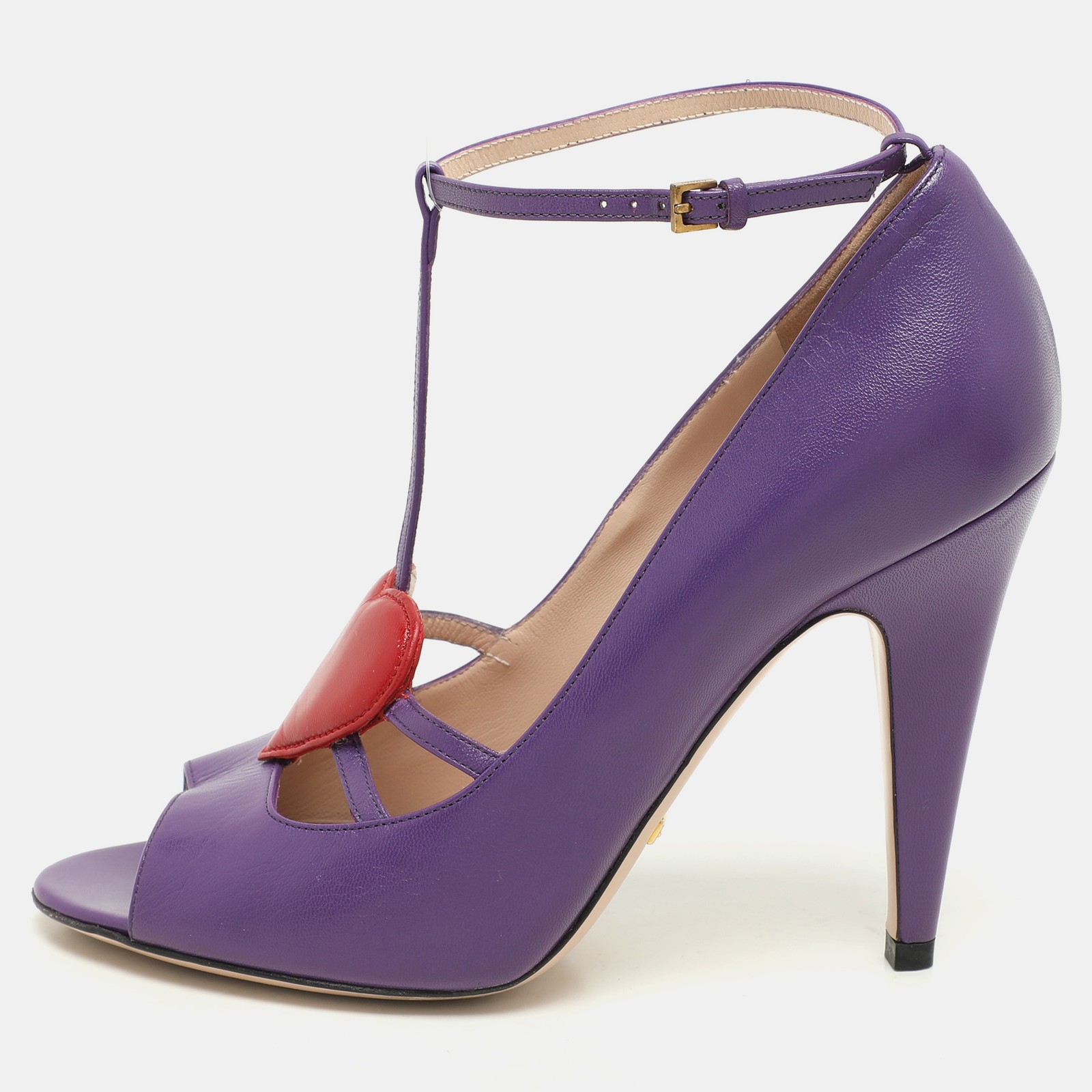 Gucci Purple Leather Molina Heart T-Strap Pumps Size 38.5